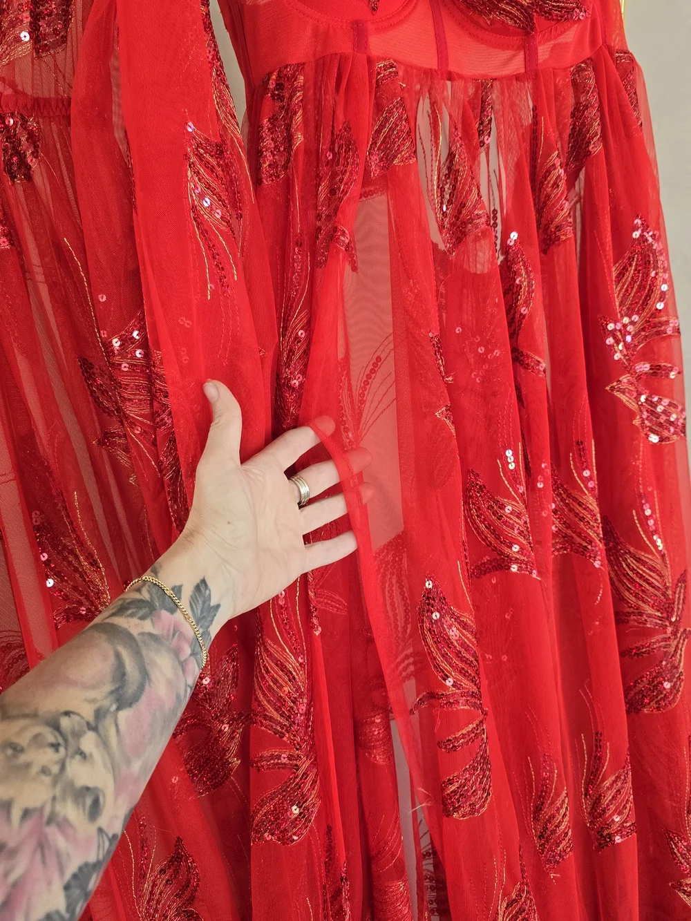 Red Floral Sheer Maxi Dress with Corset Bodice - Picture 5 of 13